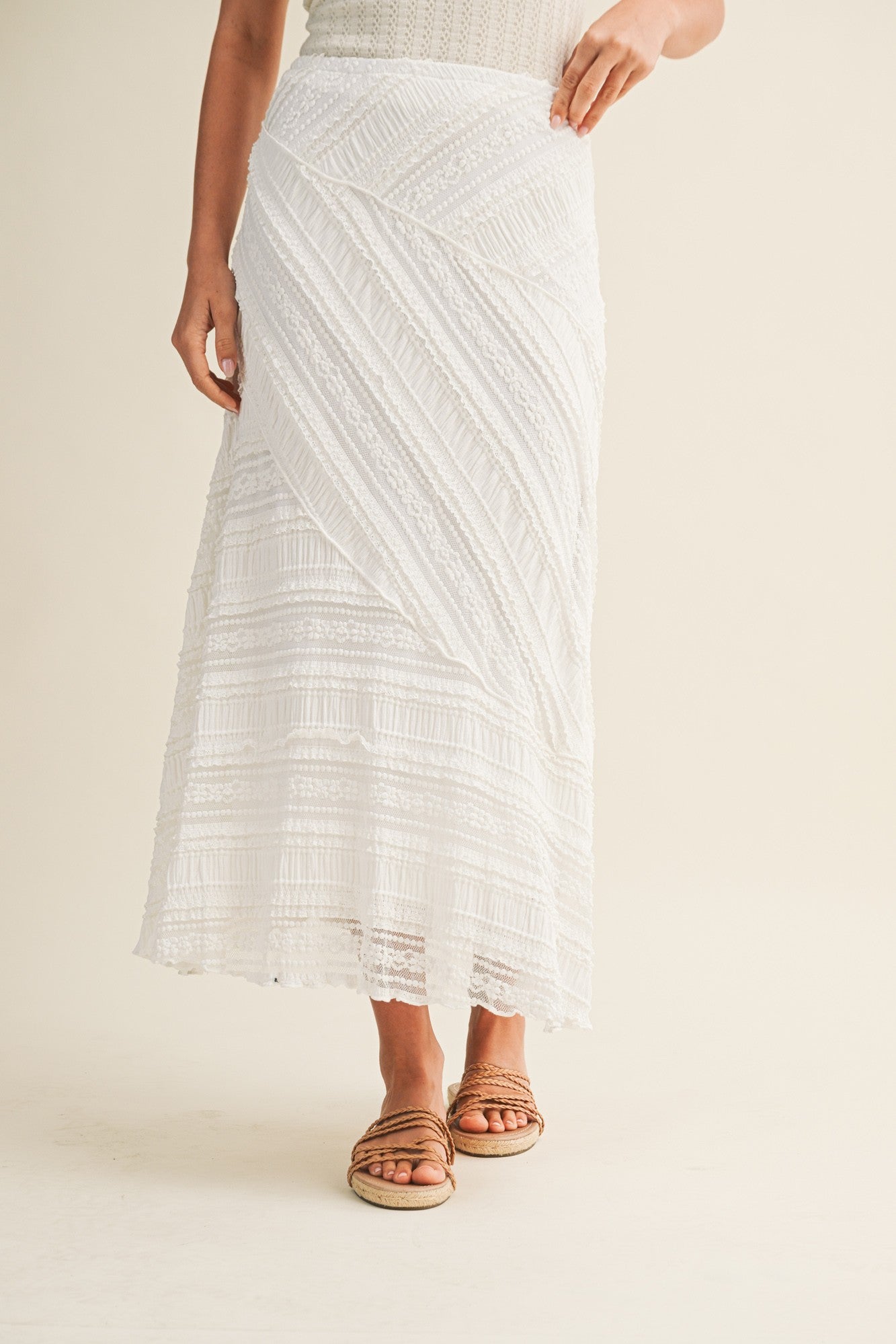 Textured Diagonal Lace Midi Skirt