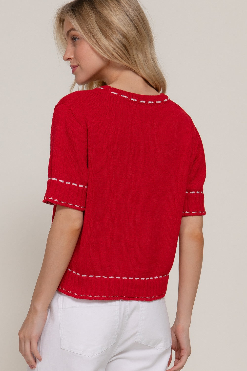 Short Sleeve Color Stitch Sweater