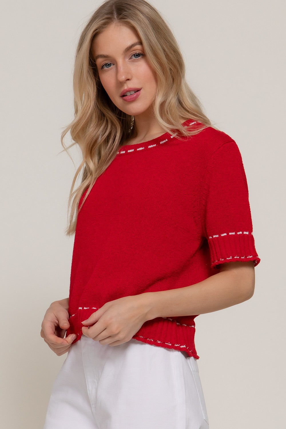 Short Sleeve Color Stitch Sweater