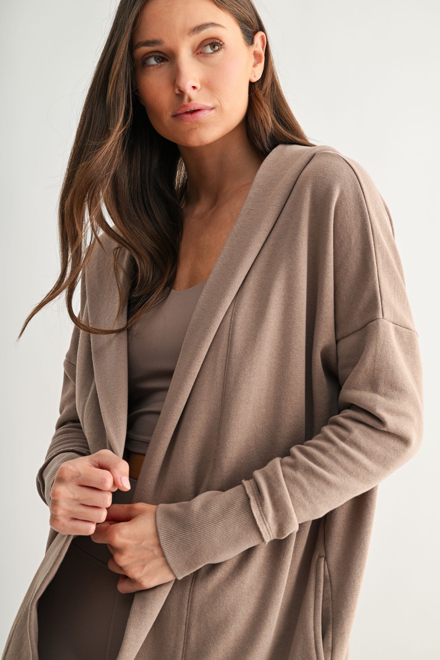 The Zander Longline Hoodie Cardigan in Silken Taupe