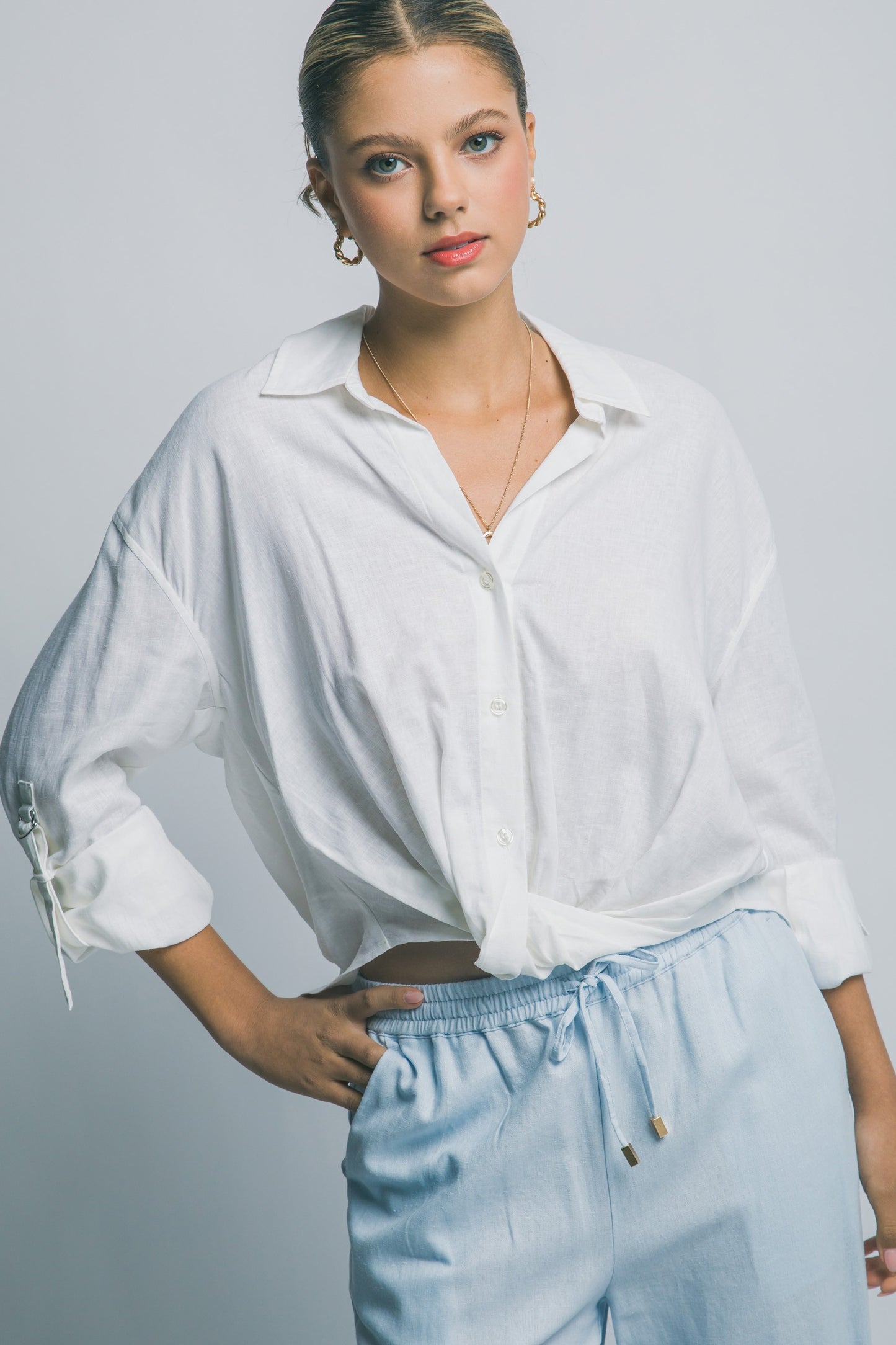 Linen Blend Twisted Hem Detail Shirt in White