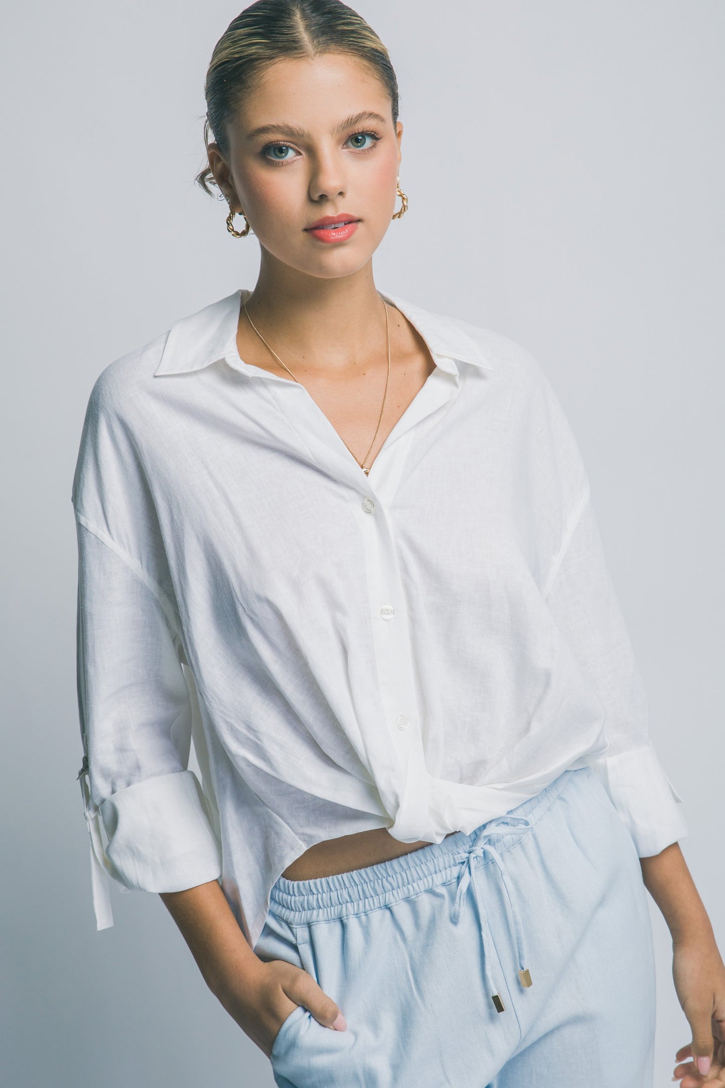 Linen Blend Twisted Hem Detail Shirt in White