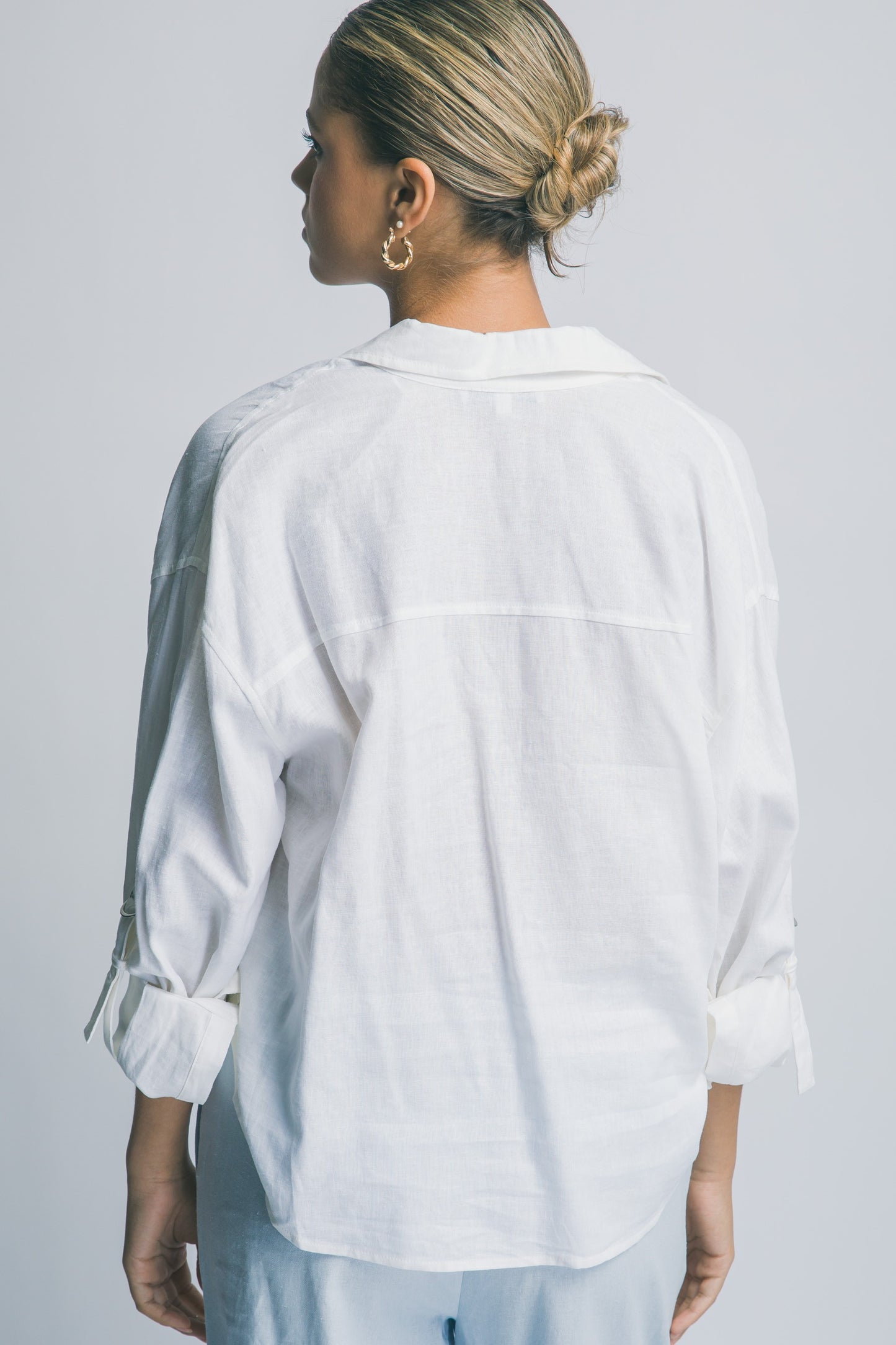 Linen Blend Twisted Hem Detail Shirt in White
