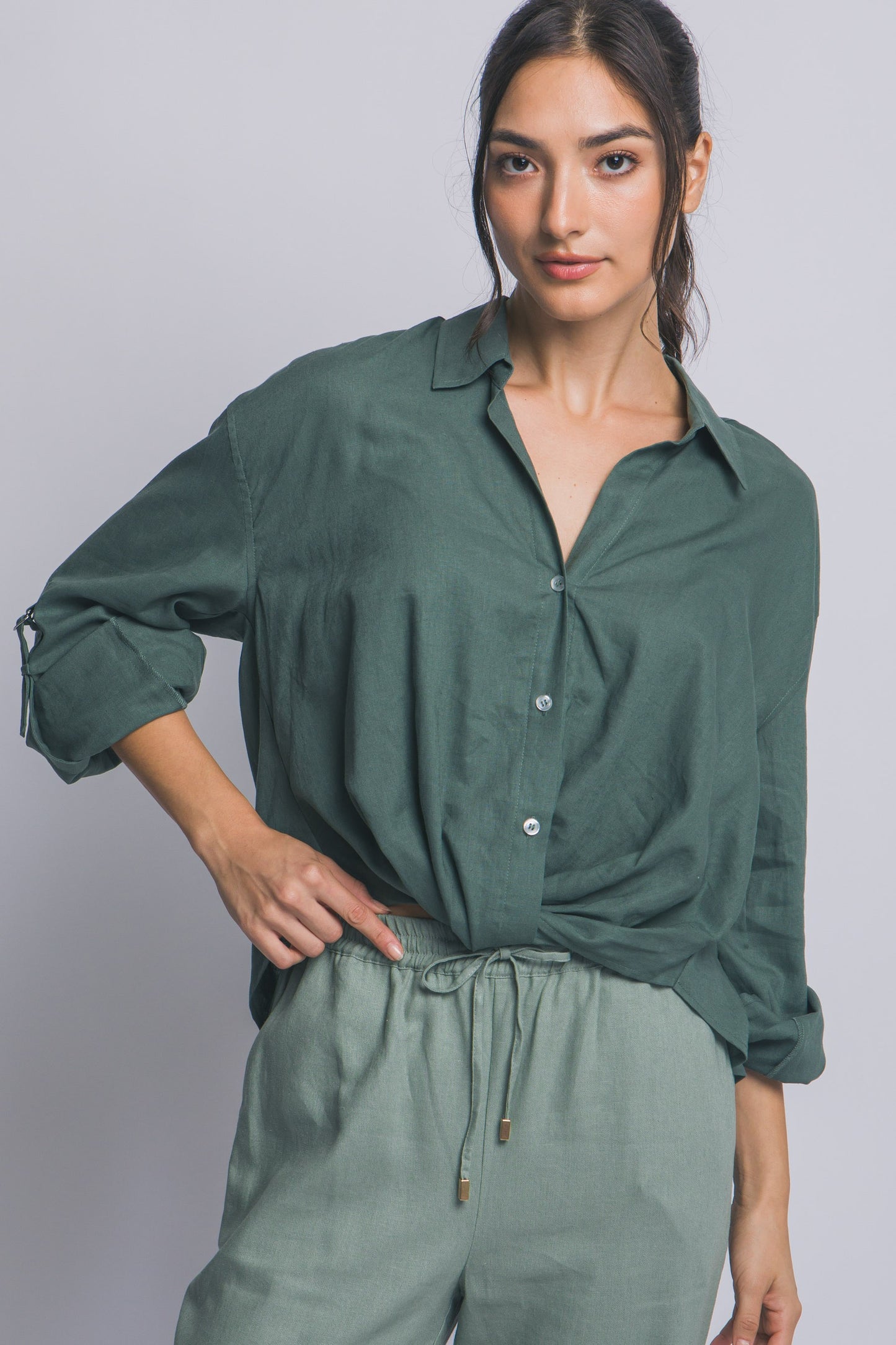 Linen Blend Twisted Hem Detail Shirt