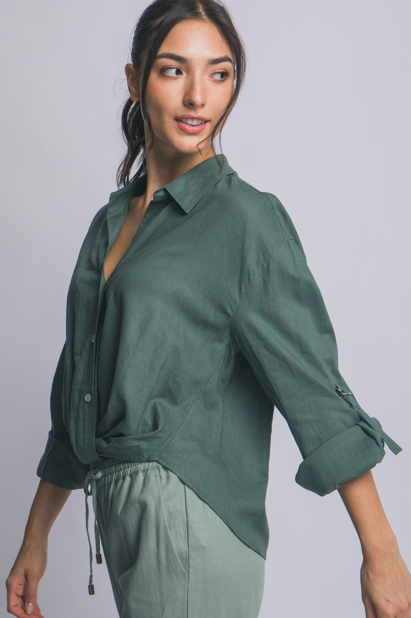 Linen Blend Twisted Hem Detail Shirt