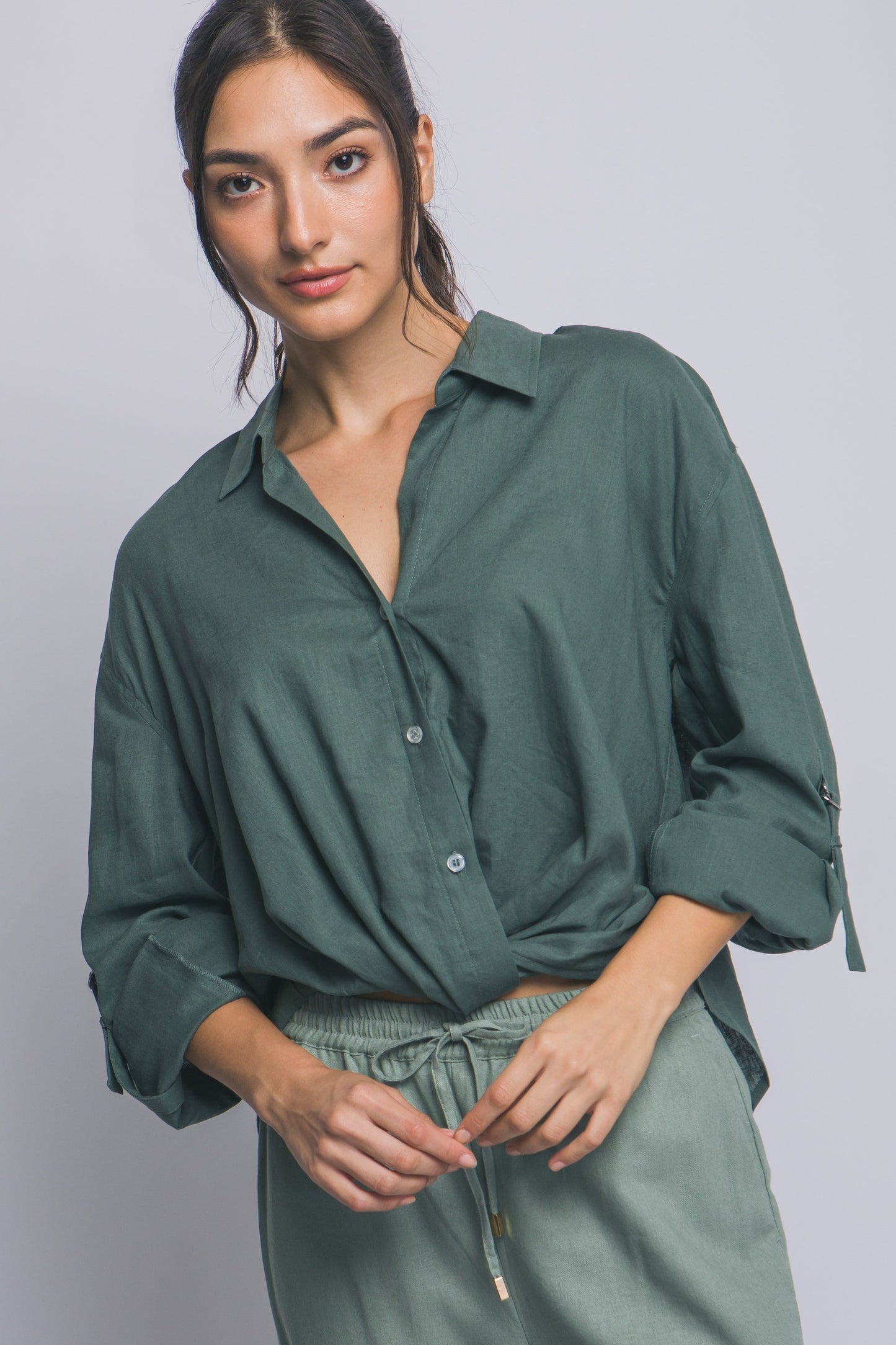 Linen Blend Twisted Hem Detail Shirt