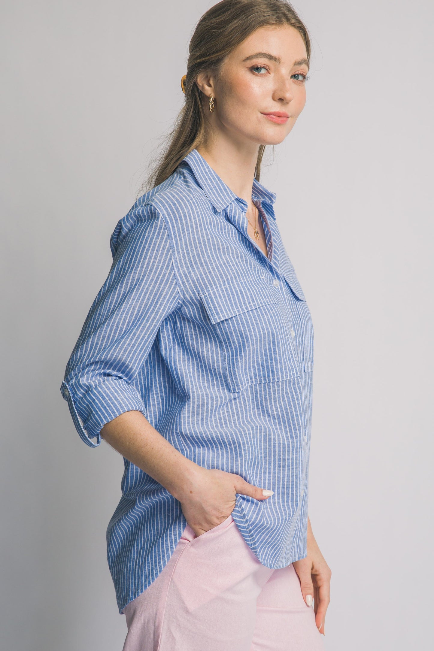 Linen Blend Stripe Collar Shirt