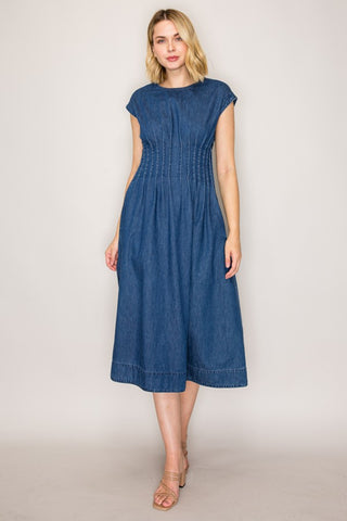 PLEATED DENIM DRESS