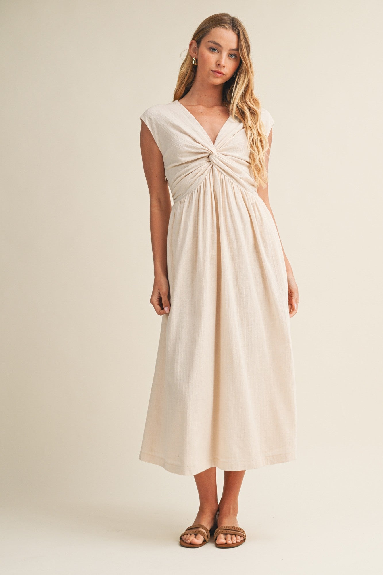 Twisted Front Midi Dress in Ecru
