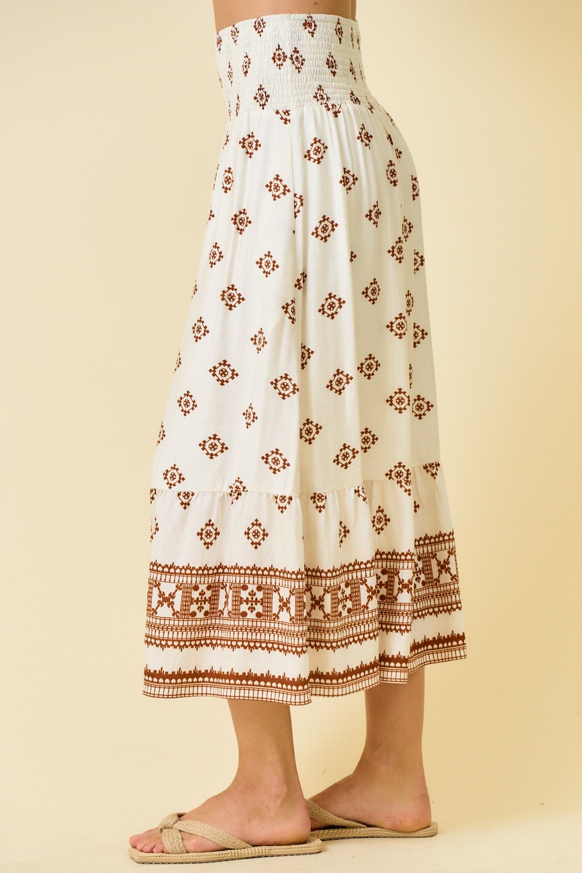 Border Print Smocking Tier Maxi Skirt