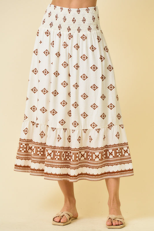 Border Print Smocking Tier Maxi Skirt