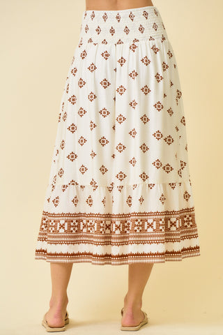 Border Print Smocking Tier Maxi Skirt