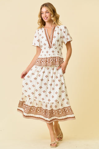 Border Print Smocking Tier Maxi Skirt