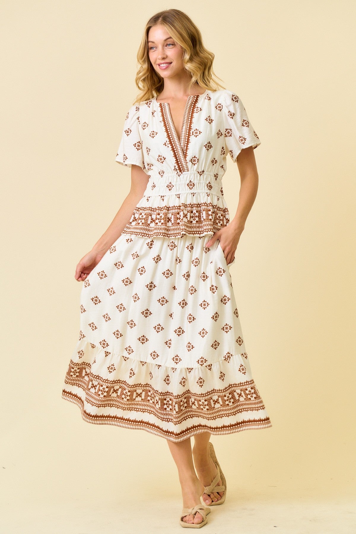 Border Print Smocked Waist Top