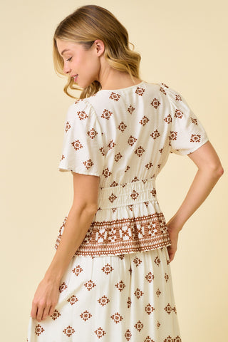 Border Print Smocked Waist Top