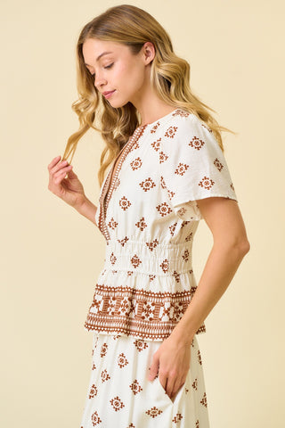 Border Print Smocked Waist Top