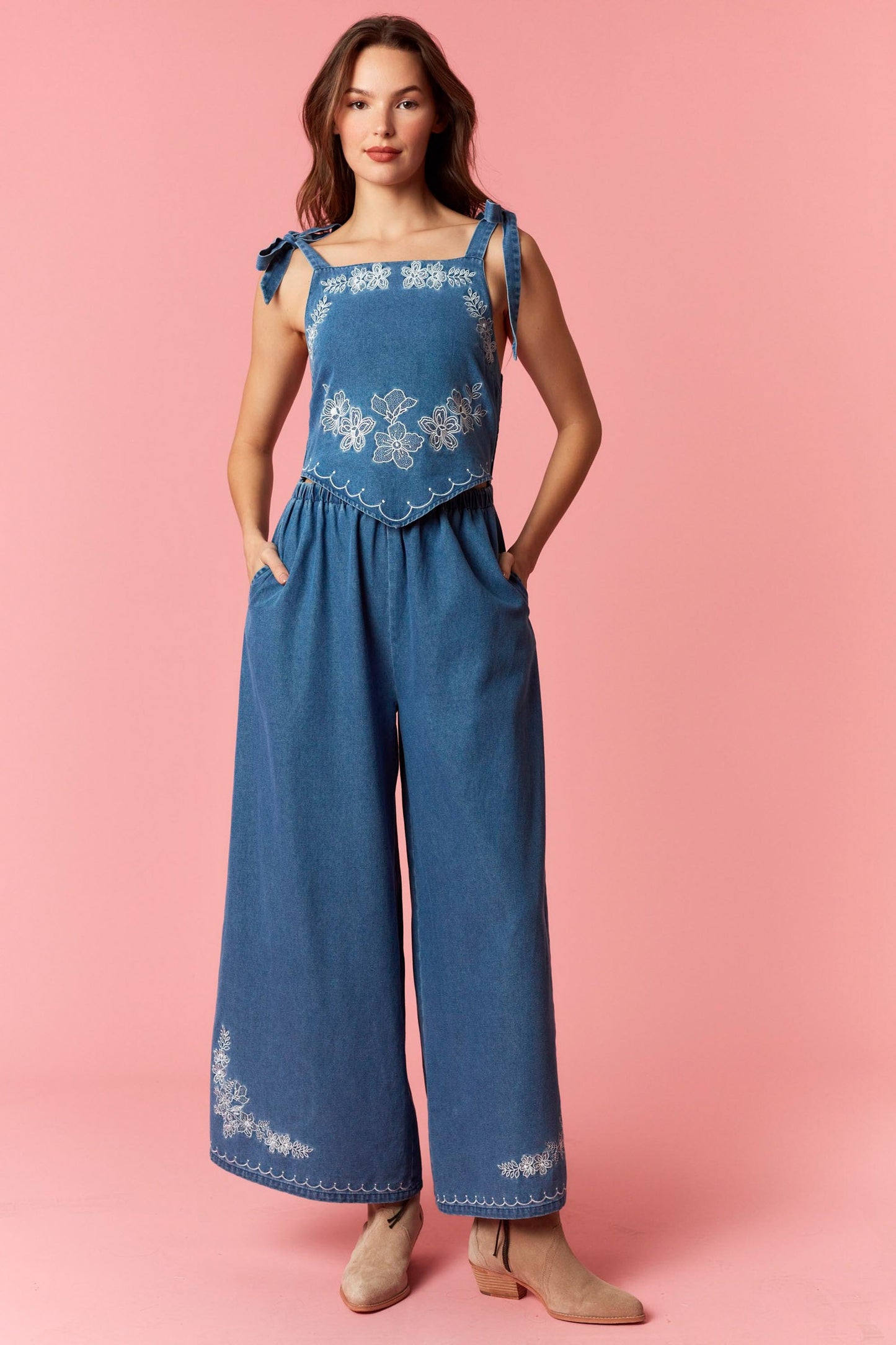 Floral Embroidered Scarf Jumpsuit