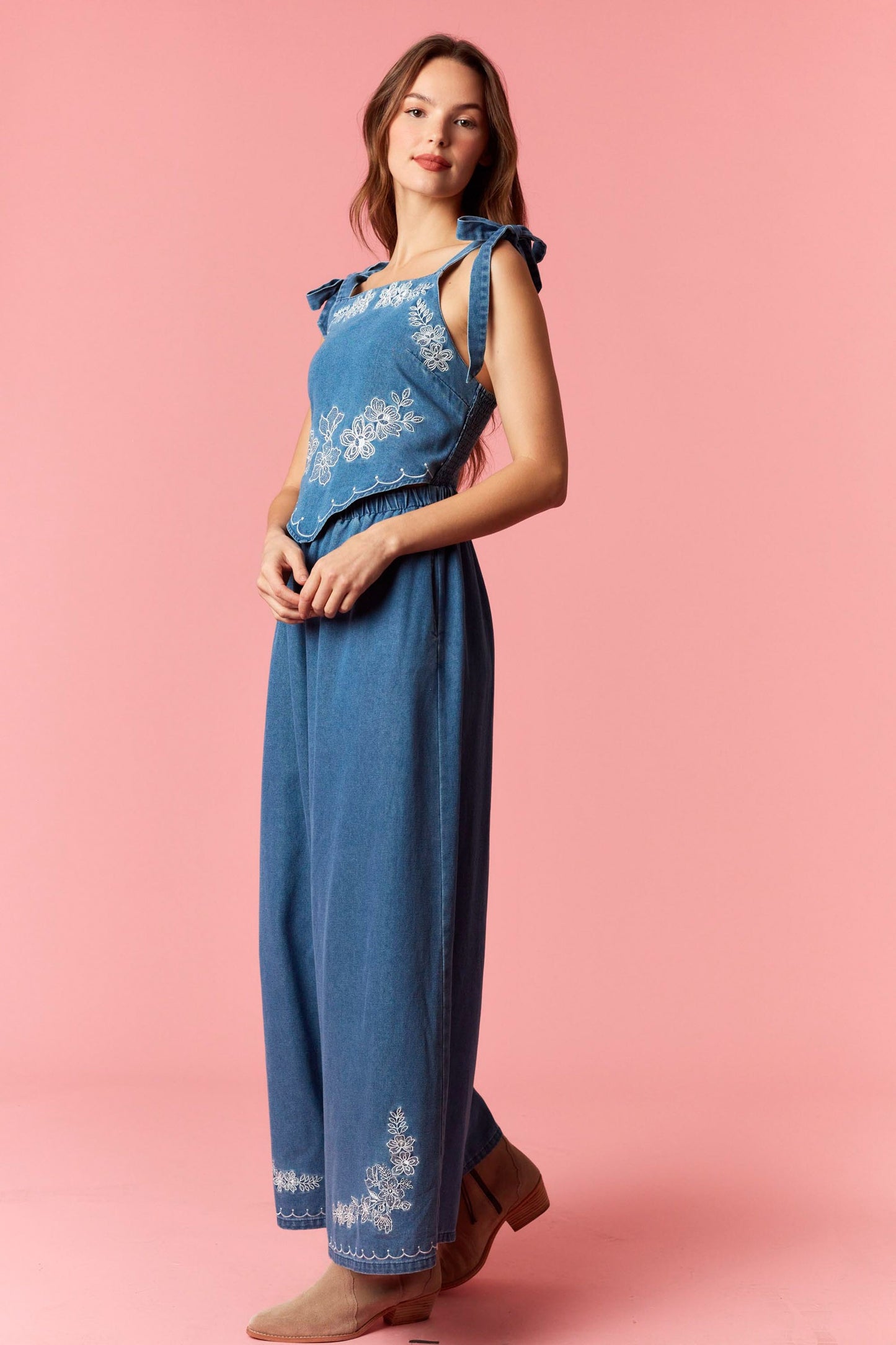 Floral Embroidered Scarf Jumpsuit