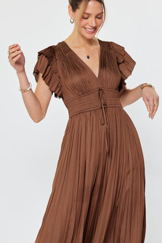 Shania Pleated Midi Dress in Chocolate