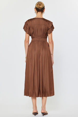 Shania Pleated Midi Dress in Chocolate