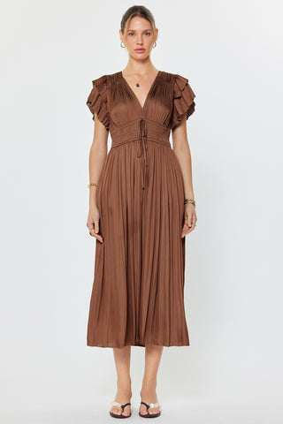 Shania Pleated Midi Dress in Chocolate