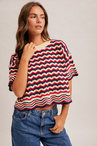 Red White & Navy Striped Open Knit Sweater