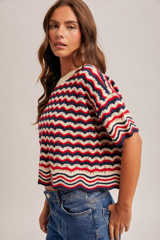 Red White & Navy Striped Open Knit Sweater