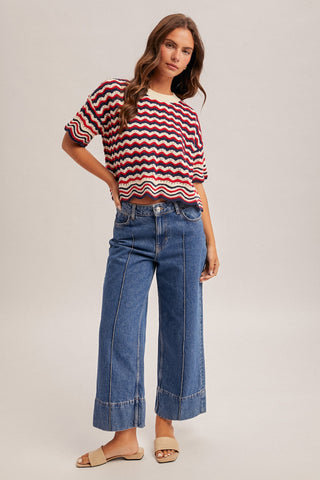 Red White & Navy Striped Open Knit Sweater