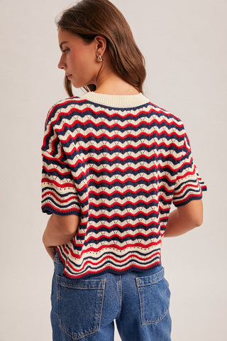Red White & Navy Striped Open Knit Sweater