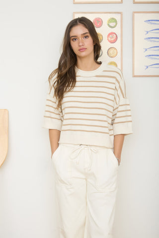 Raw edge stripe sweater with 3/4 sleeves