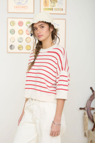 Stripe Raw Edge Sweater in Red