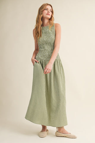Long Smocked Bodice Maxi Dress in Green