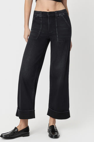 Kris High Rise Double Cuffed Baggy Wide Jeans in Black | Vervet