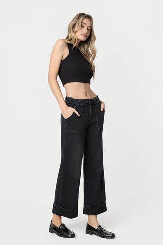 Kris High Rise Double Cuffed Baggy Wide Jeans in Black | Vervet