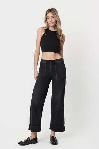Kris High Rise Double Cuffed Baggy Wide Jeans in Black | Vervet