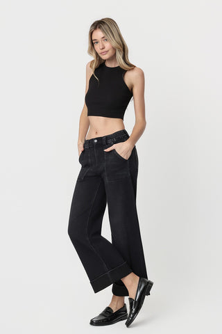 Kris High Rise Double Cuffed Baggy Wide Jeans in Black | Vervet