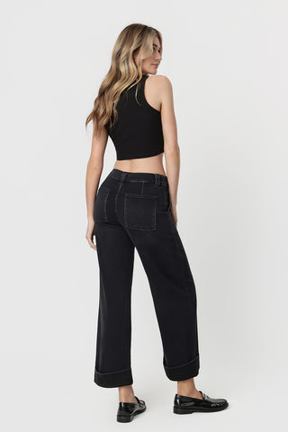 Kris High Rise Double Cuffed Baggy Wide Jeans in Black | Vervet