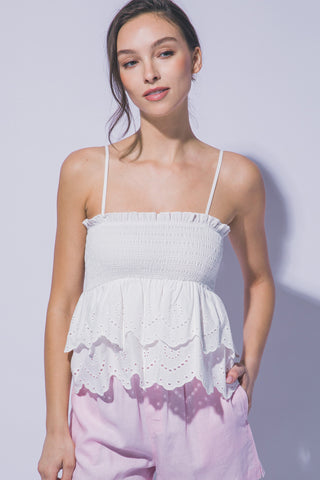 White Smocked Eyelet Tiered Cami Top