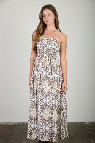 Baroque Floral Smocked Strapless Maxi Dress