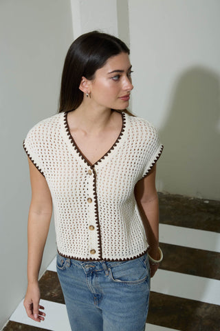 Cream Contrast Trim Crochet Button Front Top