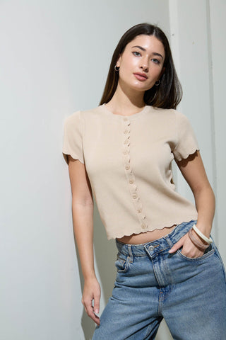 Scalloped Trim Ribbed Button Front Knit Top