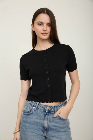 Scalloped Trim Ribbed Button Front Knit Top