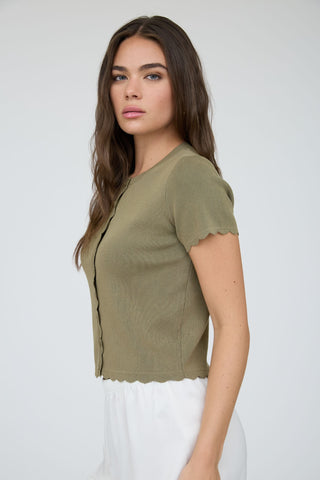 Scalloped Trim Ribbed Button Front Knit Top