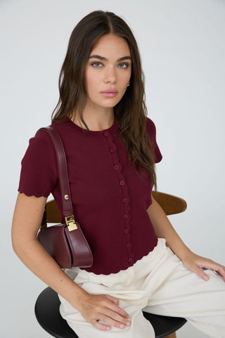 Scalloped Trim Ribbed Button Front Knit Top
