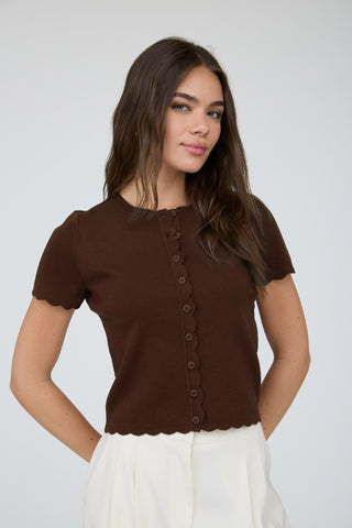 Scalloped Trim Ribbed Button Front Knit Top