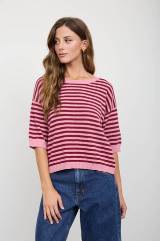 Stripe Short Sleeve Knit Top with Back Button Detail in Burgundy