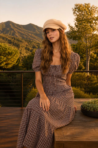 Mocha Plaid Puff Sleeve Midi Dress