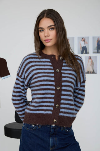 Stripe Round Neck Button Down Fuzzy Cardigan