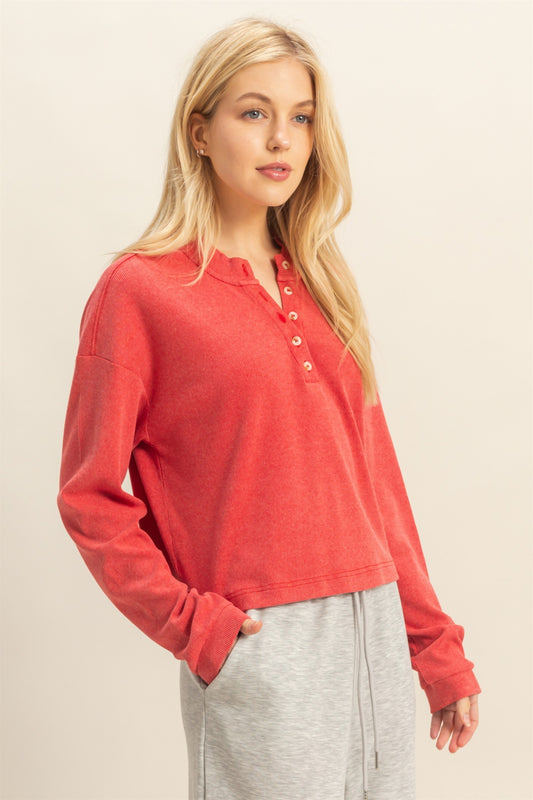 Mineral Washed Long-sleeve Henley Top