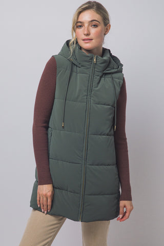 Long Hooded Puffer Vest in Olive